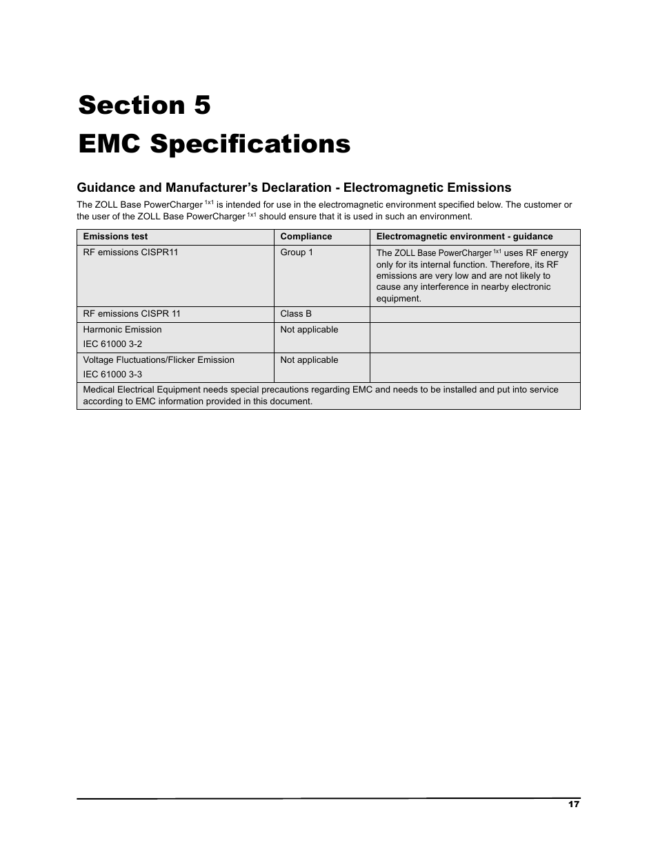 Section 5, Emc specifications, 6hfwlrq  (0& 6shflilfdwlrqv | ZOLL M Series Defibrillator Rev B Base PowerCharger 1x1 User Manual | Page 21 / 26