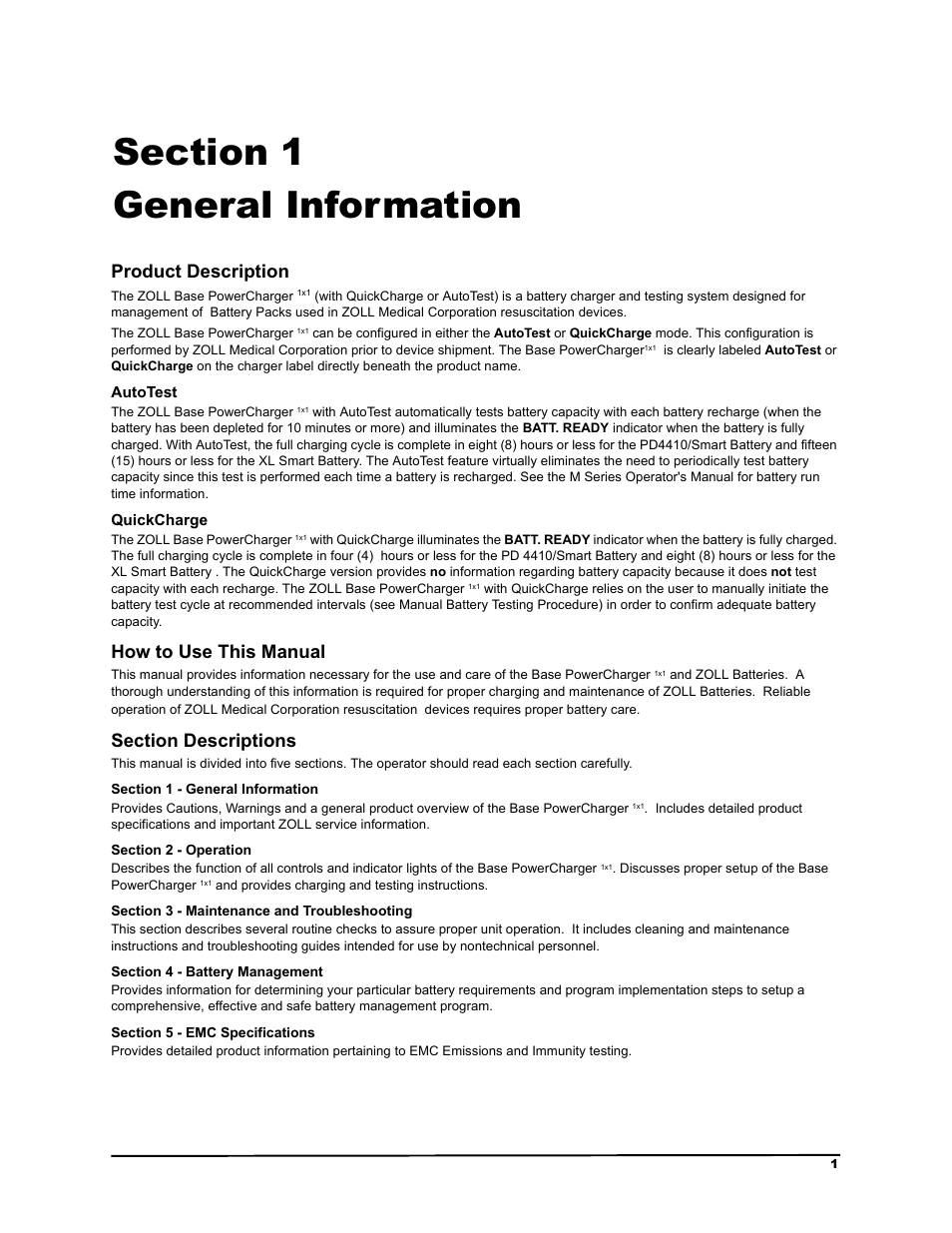 Section 1, General information, Section 1 - general information | Section 2 - operation, Section 3 - maintenance and troubleshooting, Section 4 - battery management, Section 5 - emc specifications, 6hfwlrq *hqhudo ,qirupdwlrq, 3urgxfw 'hvfulswlrq, Rz wr 8vh 7klv 0dqxdo | ZOLL M Series Defibrillator Rev B Base PowerCharger 1x1 User Manual | Page 5 / 26