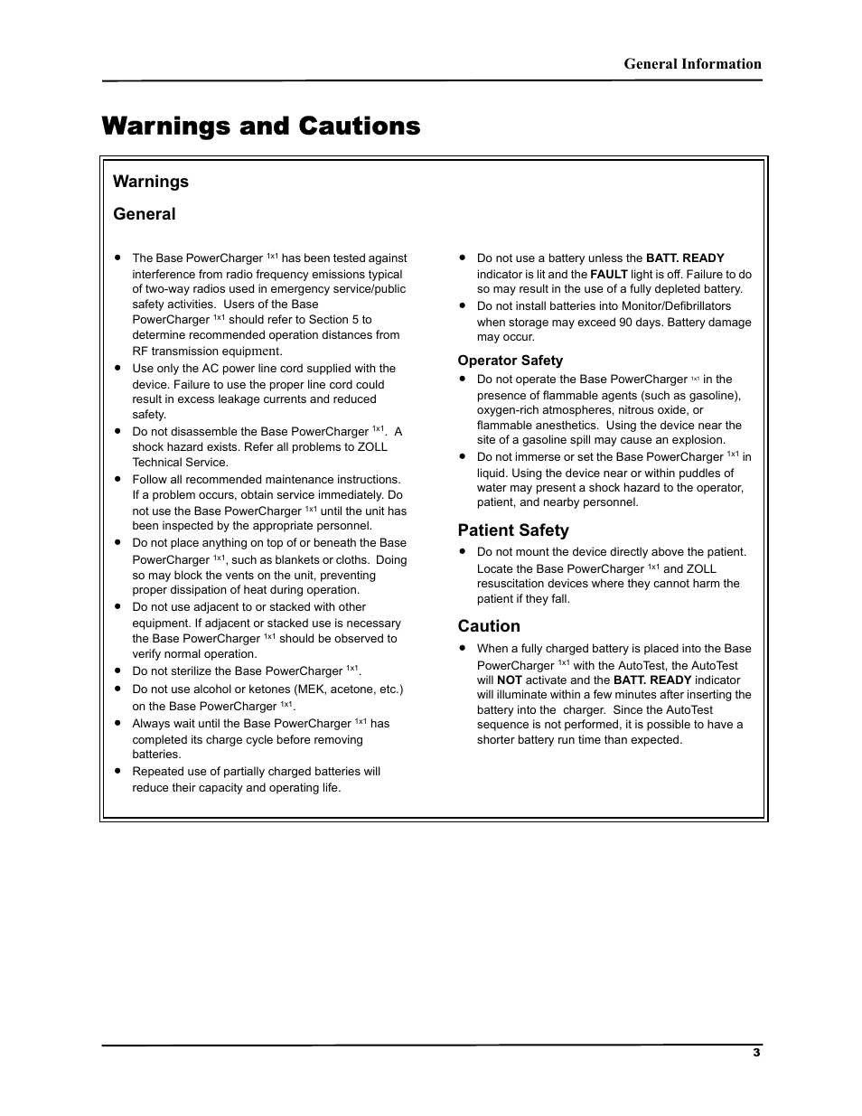 Warnings and cautions, Duqlqjv *hqhudo, 3dwlhqw 6dihw | Dxwlrq, General information | ZOLL M Series Defibrillator Rev B Base PowerCharger 1x1 User Manual | Page 7 / 26