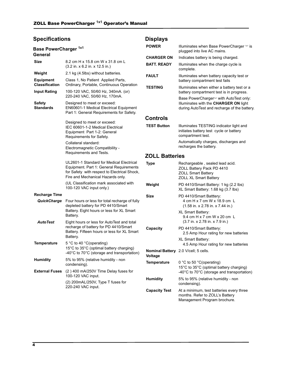 6shflilfdwlrqv, Lvsod\v &rqwurov =2// %dwwhulhv | ZOLL M Series Defibrillator Rev B Base PowerCharger 1x1 User Manual | Page 8 / 26