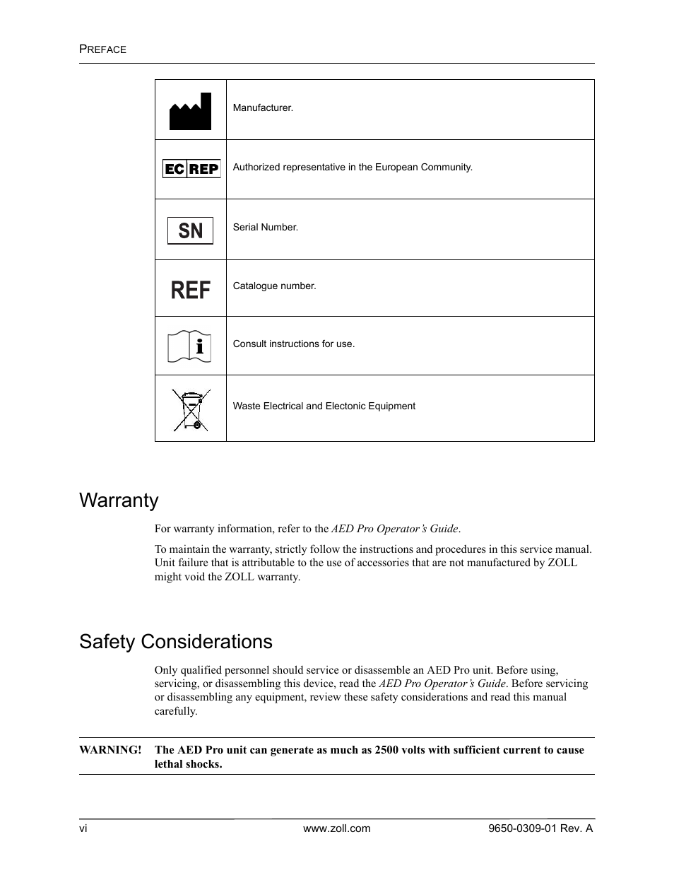 Warranty, Safety considerations | ZOLL AED Pro Rev A User Manual | Page 10 / 36