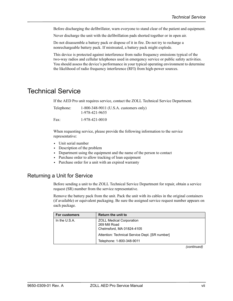 Technical service, Returning a unit for service | ZOLL AED Pro Rev A User Manual | Page 11 / 36