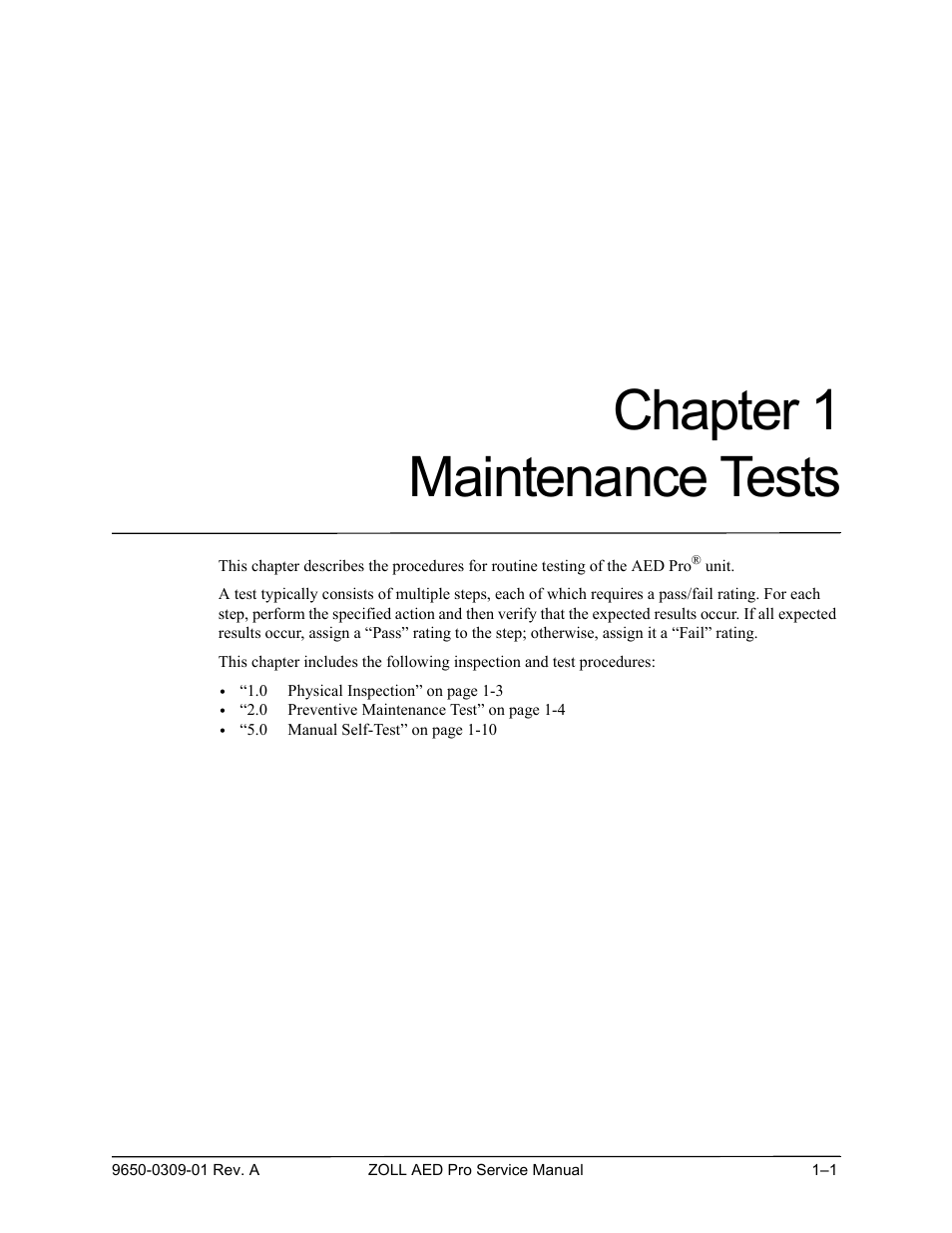 Maintenance tests, Chapter 1 maintenance t, Chapter 1 maintenance tests | ZOLL AED Pro Rev A User Manual | Page 13 / 36