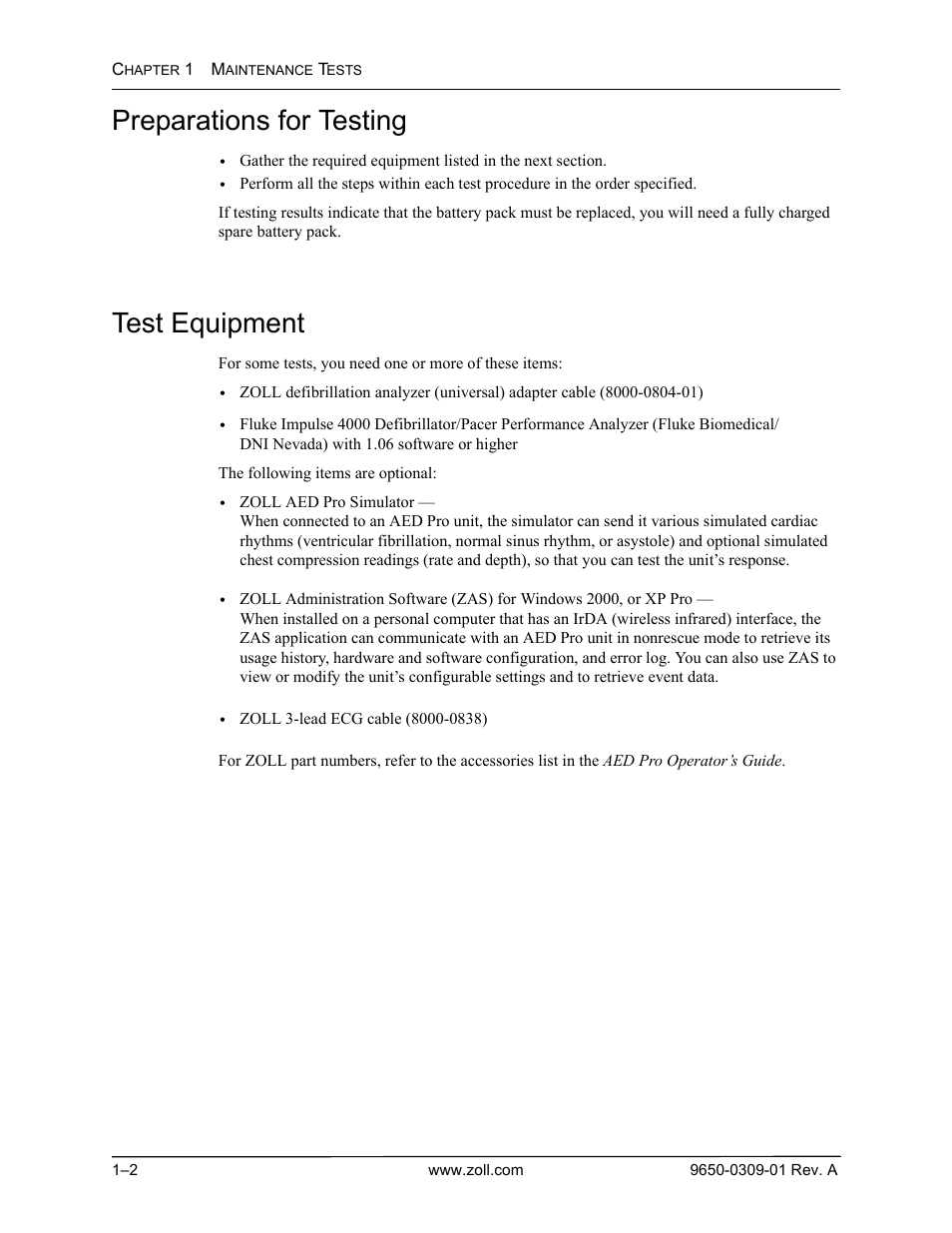 Preparations for testing, Test equipment, Preparations for testing -2 test equipment -2 | ZOLL AED Pro Rev A User Manual | Page 14 / 36