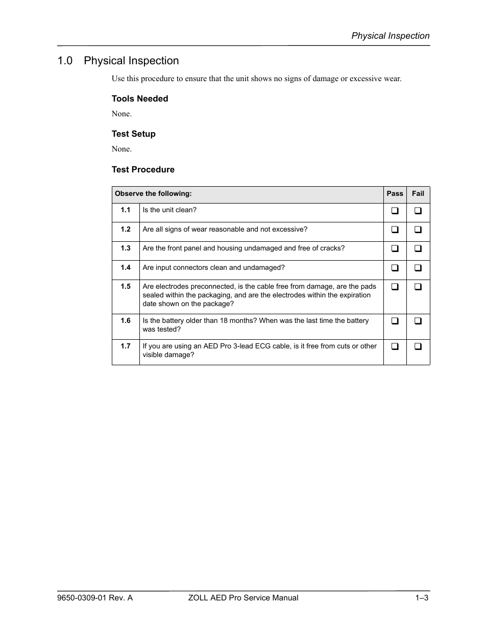 0 physical inspection, 0 physical inspection -3 | ZOLL AED Pro Rev A User Manual | Page 15 / 36