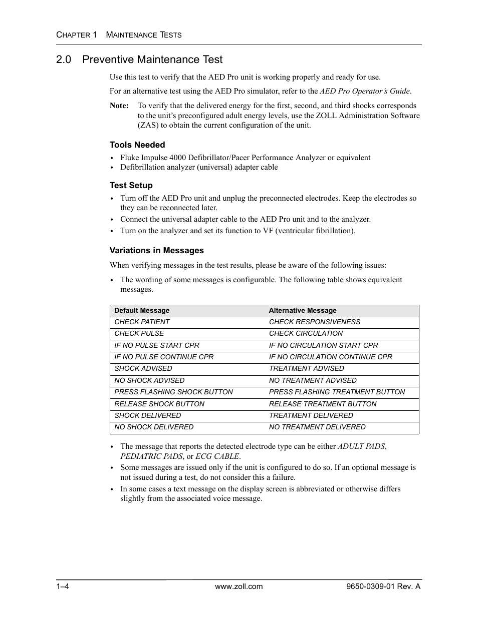 0 preventive maintenance test, 0 preventive maintenance test -4 | ZOLL AED Pro Rev A User Manual | Page 16 / 36