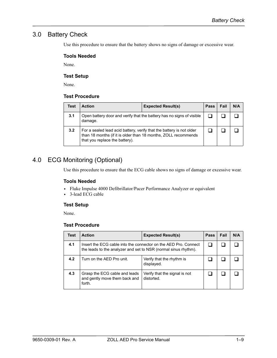 0 battery check, 0 ecg monitoring (optional) | ZOLL AED Pro Rev A User Manual | Page 21 / 36