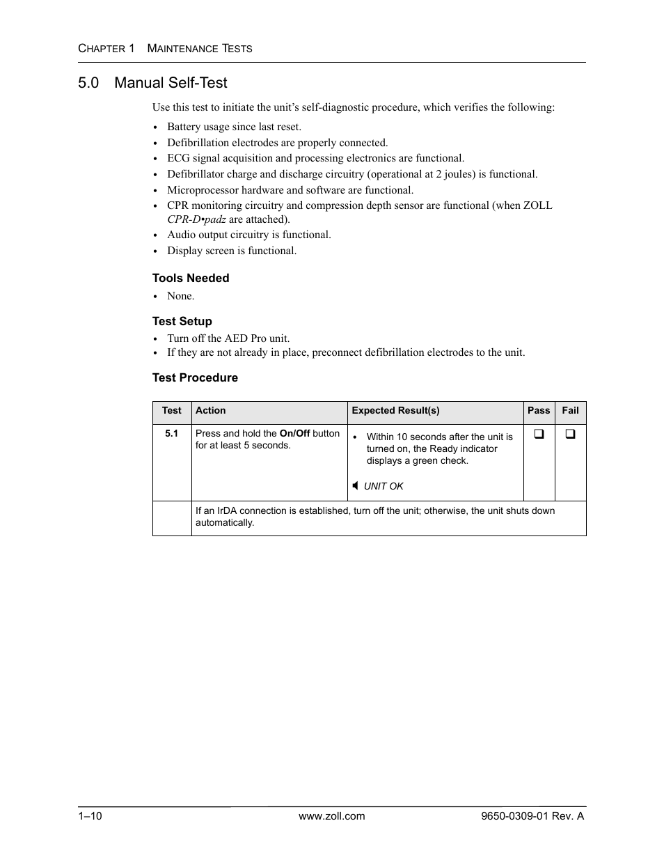 0 manual self-test, 0 manual self-test -10 | ZOLL AED Pro Rev A User Manual | Page 22 / 36