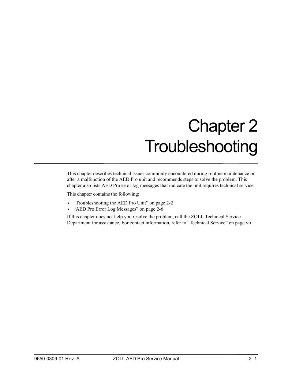 Troubleshooting, Chapter 2 t, Chapter 2 troubleshooting | ZOLL AED Pro Rev A User Manual | Page 23 / 36