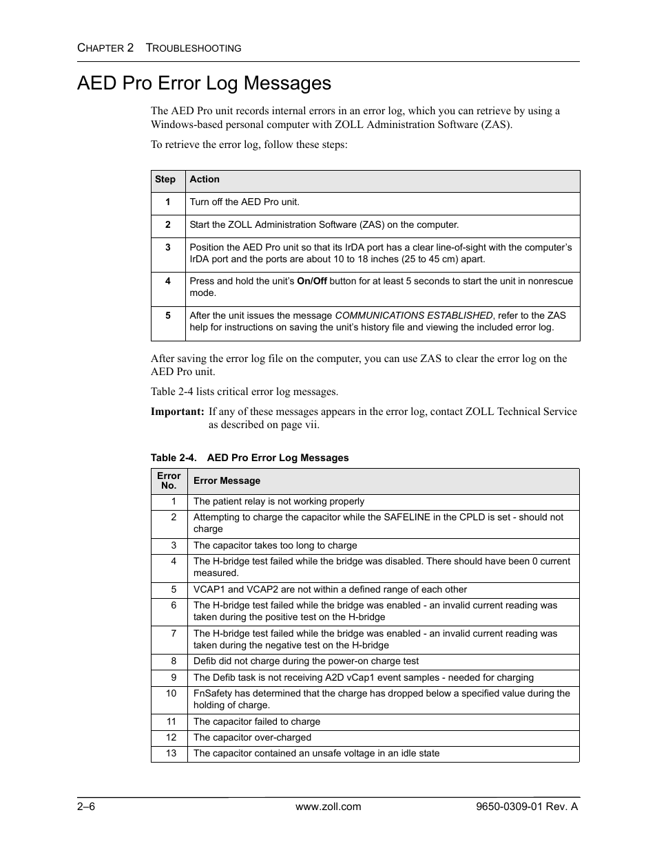 Aed pro error log messages, Aed pro error log messages -6 | ZOLL AED Pro Rev A User Manual | Page 28 / 36