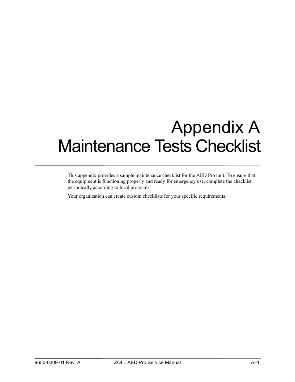 Maintenance tests checklist, Appendix a, Appendix a maintenance tests checklist | ZOLL AED Pro Rev A User Manual | Page 31 / 36