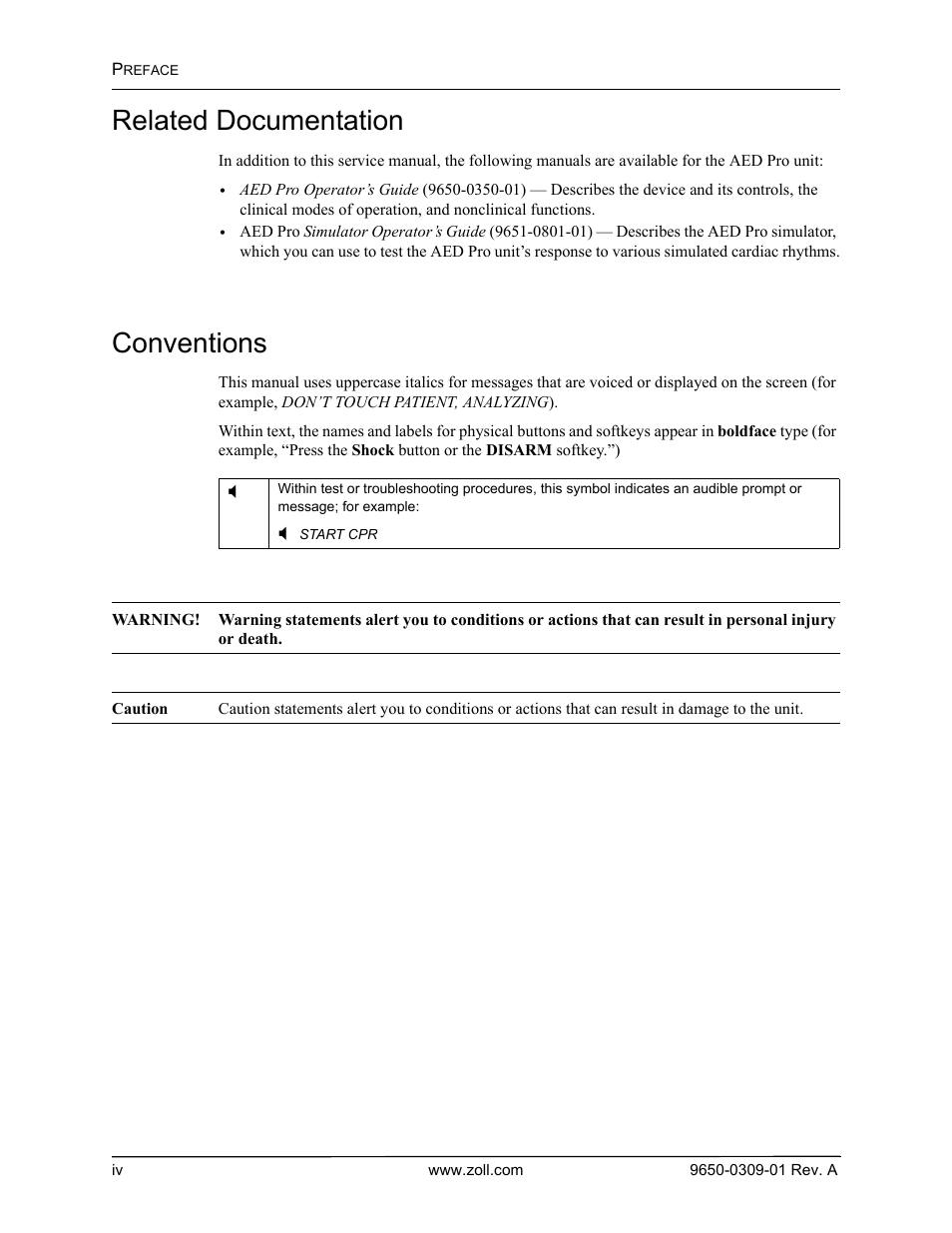 Related documentation, Conventions | ZOLL AED Pro Rev A User Manual | Page 8 / 36