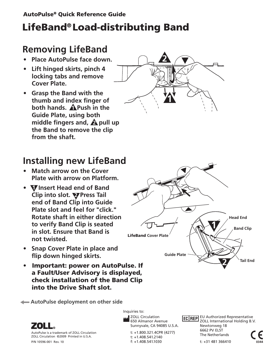 Lifeband, Load-distributing band, Removing lifeband installing new lifeband | ZOLL AutoPulse Rev D Quick Reference Guide User Manual | Page 2 / 2
