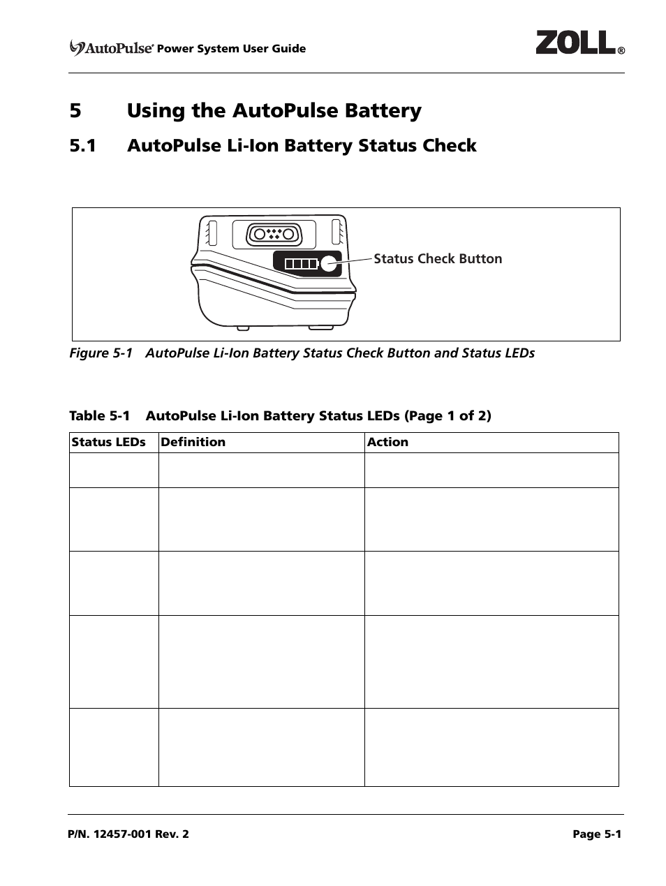 5 using the autopulse battery, 1 autopulse li-ion battery status check, Status leds | Definition, Action, Table 5-1 autopulse li-ion battery status leds -1, 5using the autopulse battery | ZOLL AutoPulse Rev A User Manual | Page 23 / 50