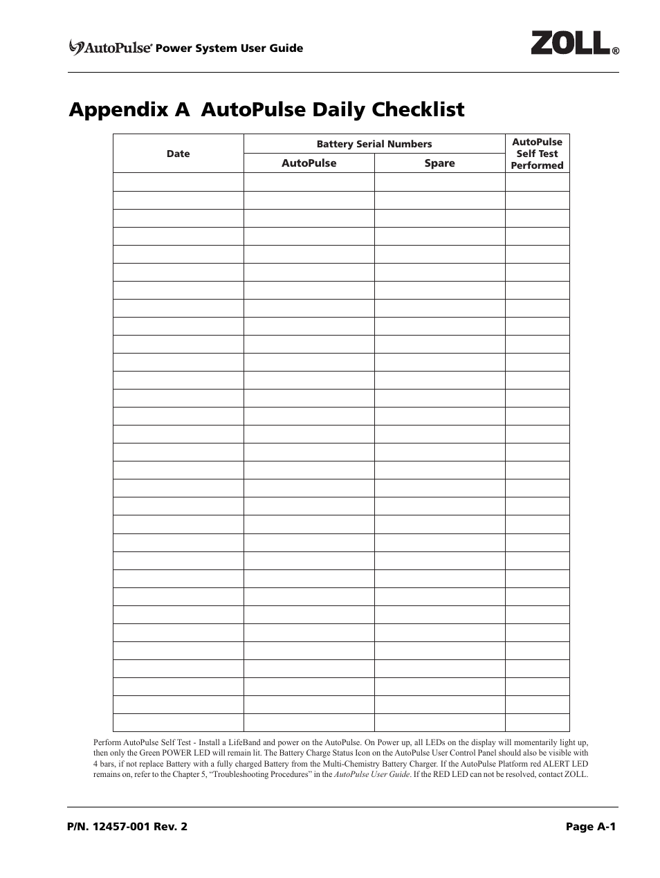 Appendix a autopulse daily checklist | ZOLL AutoPulse Rev A User Manual | Page 37 / 50