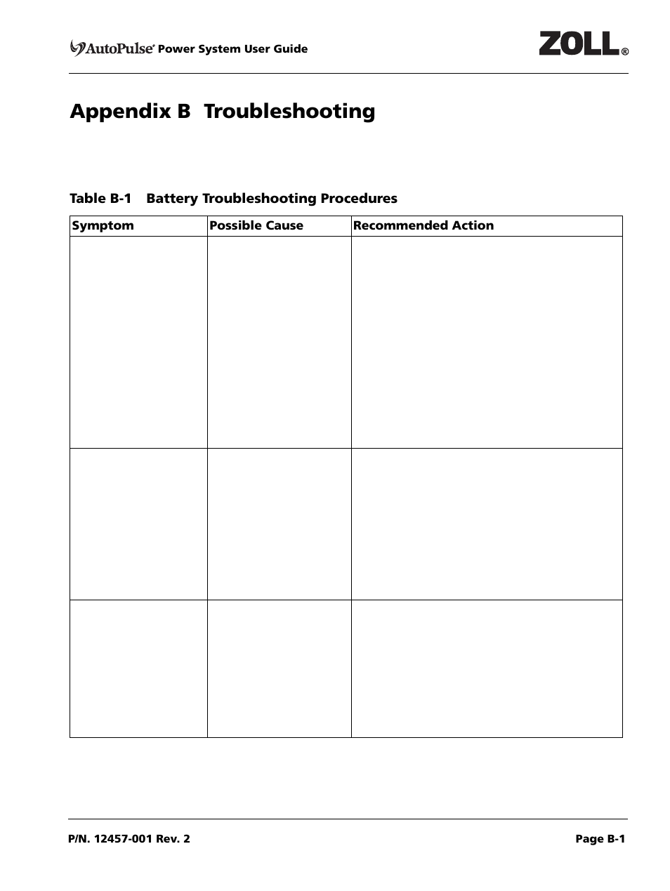 Appendix b troubleshooting, Table b-1 battery troubleshooting procedures, Symptom | Possible cause, Recommended action | ZOLL AutoPulse Rev A User Manual | Page 39 / 50