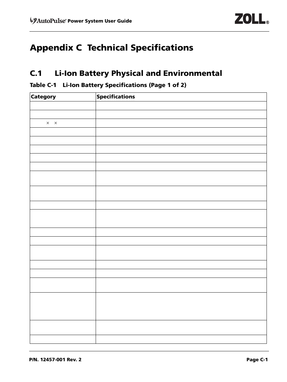Appendix c technical specifications, C.1 li-ion battery physical and environmental, Category | Specifications | ZOLL AutoPulse Rev A User Manual | Page 43 / 50