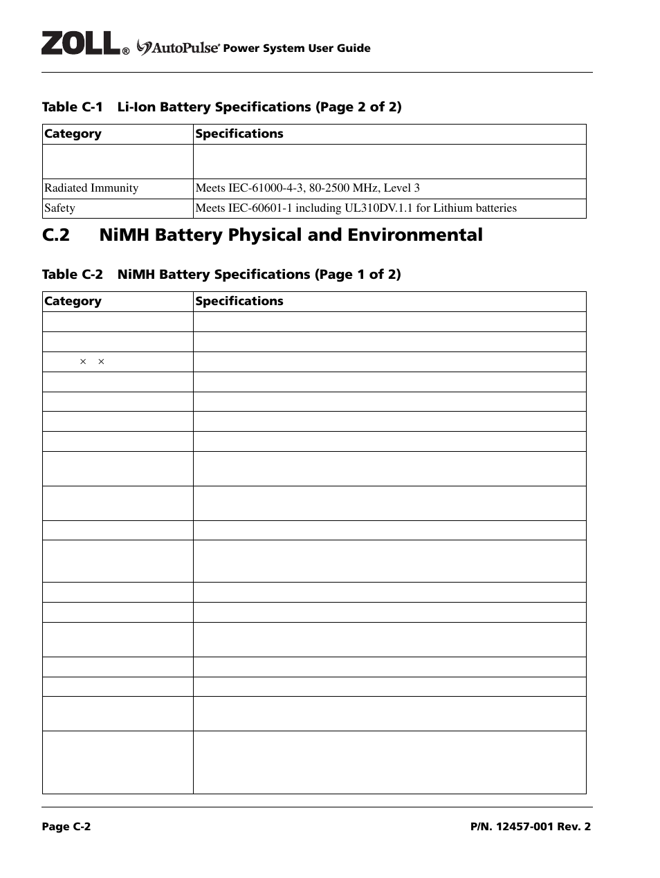 C.2 nimh battery physical and environmental, Category, Specifications | ZOLL AutoPulse Rev A User Manual | Page 44 / 50
