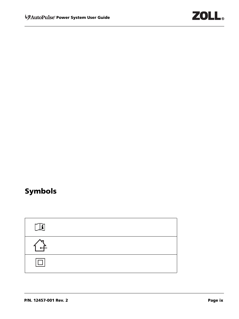Symbols, Symbols 0 | ZOLL AutoPulse Rev A User Manual | Page 9 / 50
