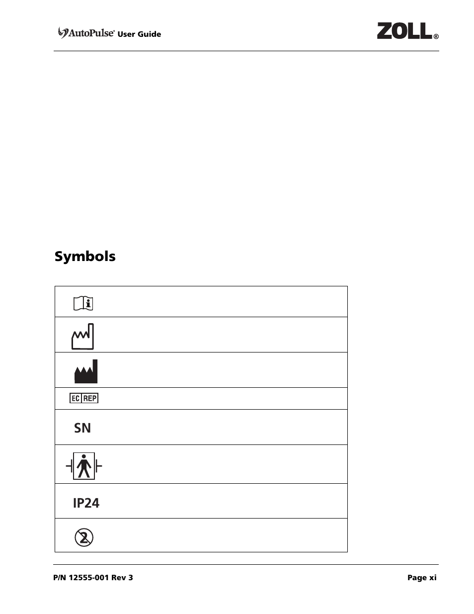 Symbols 0, Sn ip24 | ZOLL AutoPulse 100 User Manual | Page 11 / 90