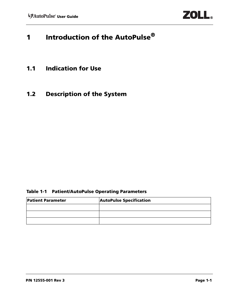 1introduction of the autopulse, 1 indication for use, 2 description of the system | ZOLL AutoPulse 100 User Manual | Page 13 / 90
