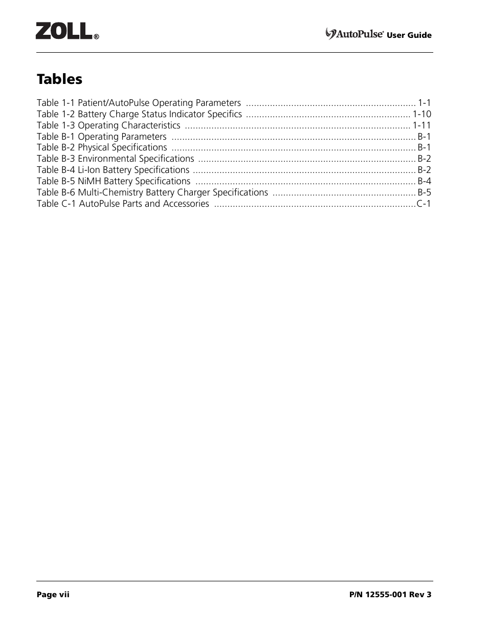 Tables 0 | ZOLL AutoPulse 100 User Manual | Page 7 / 90