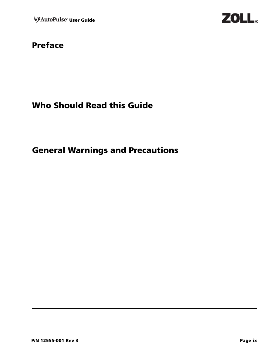 Preface, Who should read this guide 0, General warnings and precautions 0 | ZOLL AutoPulse 100 User Manual | Page 9 / 90