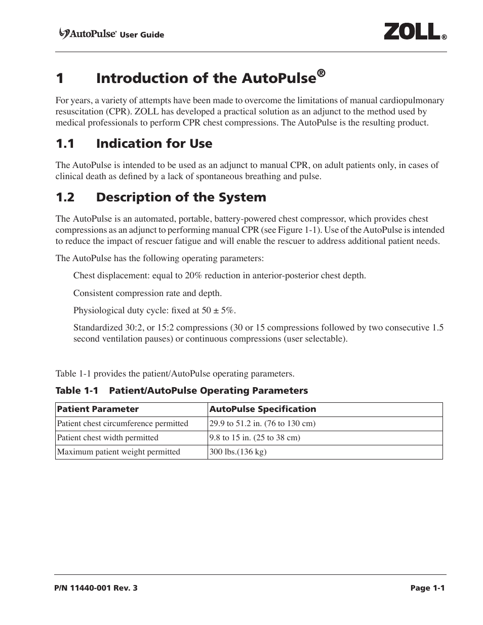 1 introduction of the autopulse, 1 indication for use, 2 description of the system | ZOLL AutoPulse Rev D Users Guide User Manual | Page 13 / 86