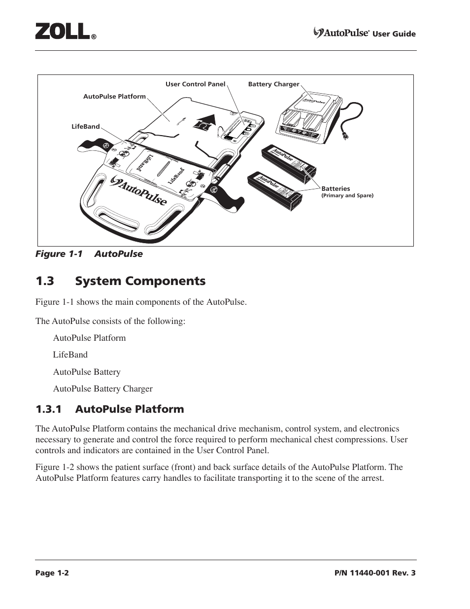 3 system components, 1 autopulse platform, 3 system components -2 | 1 autopulse platform -2, Figure 1-1 autopulse -2 | ZOLL AutoPulse Rev D Users Guide User Manual | Page 14 / 86
