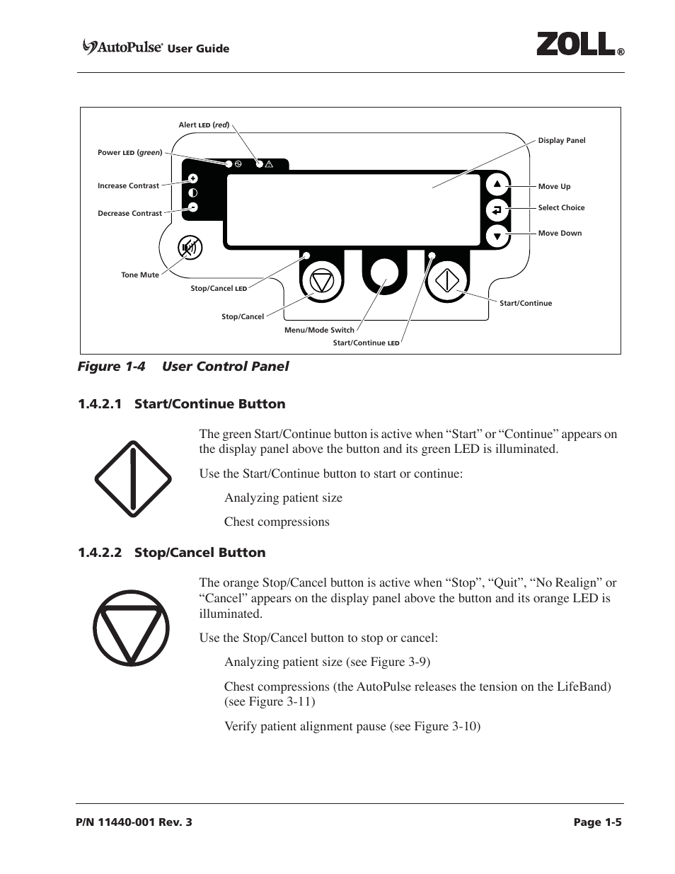 1 start/continue button, 2 stop/cancel button, Figure 1-4 user control panel -5 | ZOLL AutoPulse Rev D Users Guide User Manual | Page 17 / 86