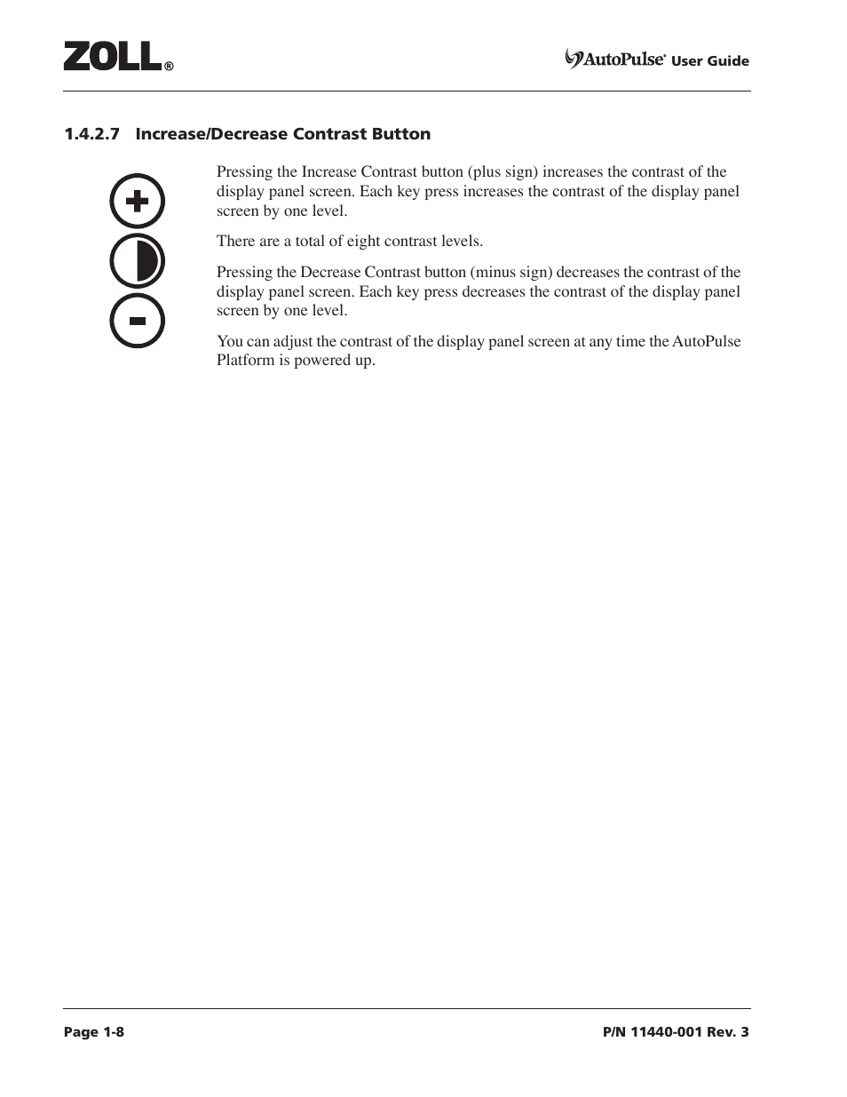 7 increase/decrease contrast button, 7 increase/decrease contrast button -8 | ZOLL AutoPulse Rev D Users Guide User Manual | Page 20 / 86