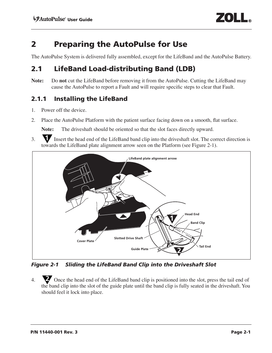 2 preparing the autopulse for use, 1 lifeband load-distributing band (ldb), 1 installing the lifeband | 2 preparing the autopulse for use -1, 1 lifeband load-distributing band (ldb) -1, 1 installing the lifeband -1, 2preparing the autopulse for use | ZOLL AutoPulse Rev D Users Guide User Manual | Page 25 / 86