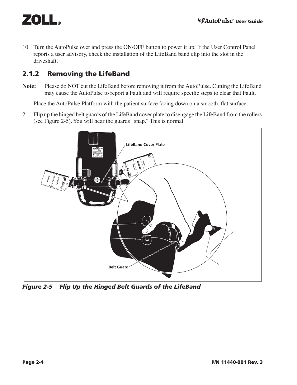 2 removing the lifeband, 2 removing the lifeband -4 | ZOLL AutoPulse Rev D Users Guide User Manual | Page 28 / 86