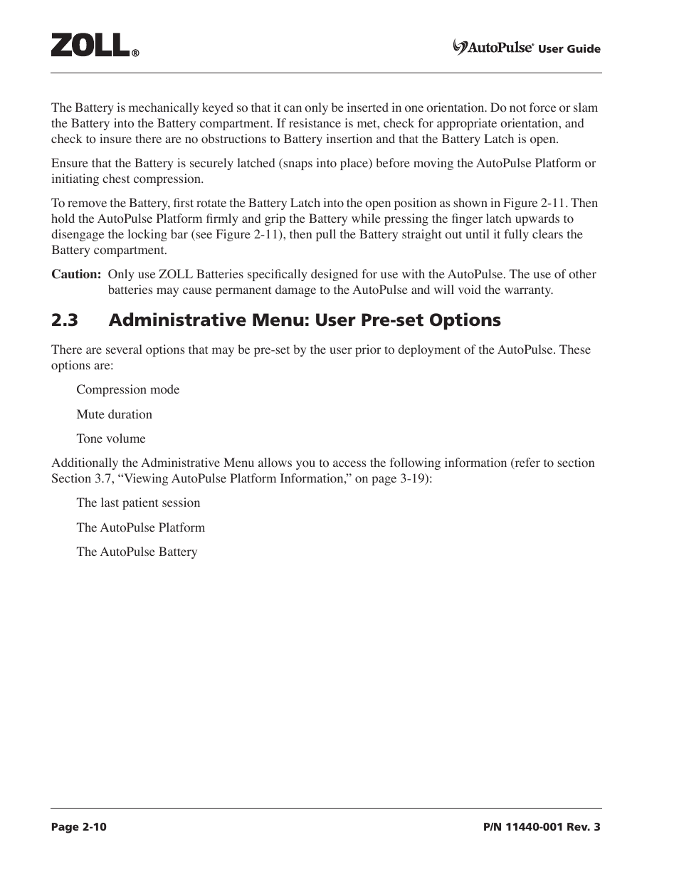 3 administrative menu: user pre-set options, 3 administrative menu: user pre-set options -10 | ZOLL AutoPulse Rev D Users Guide User Manual | Page 34 / 86