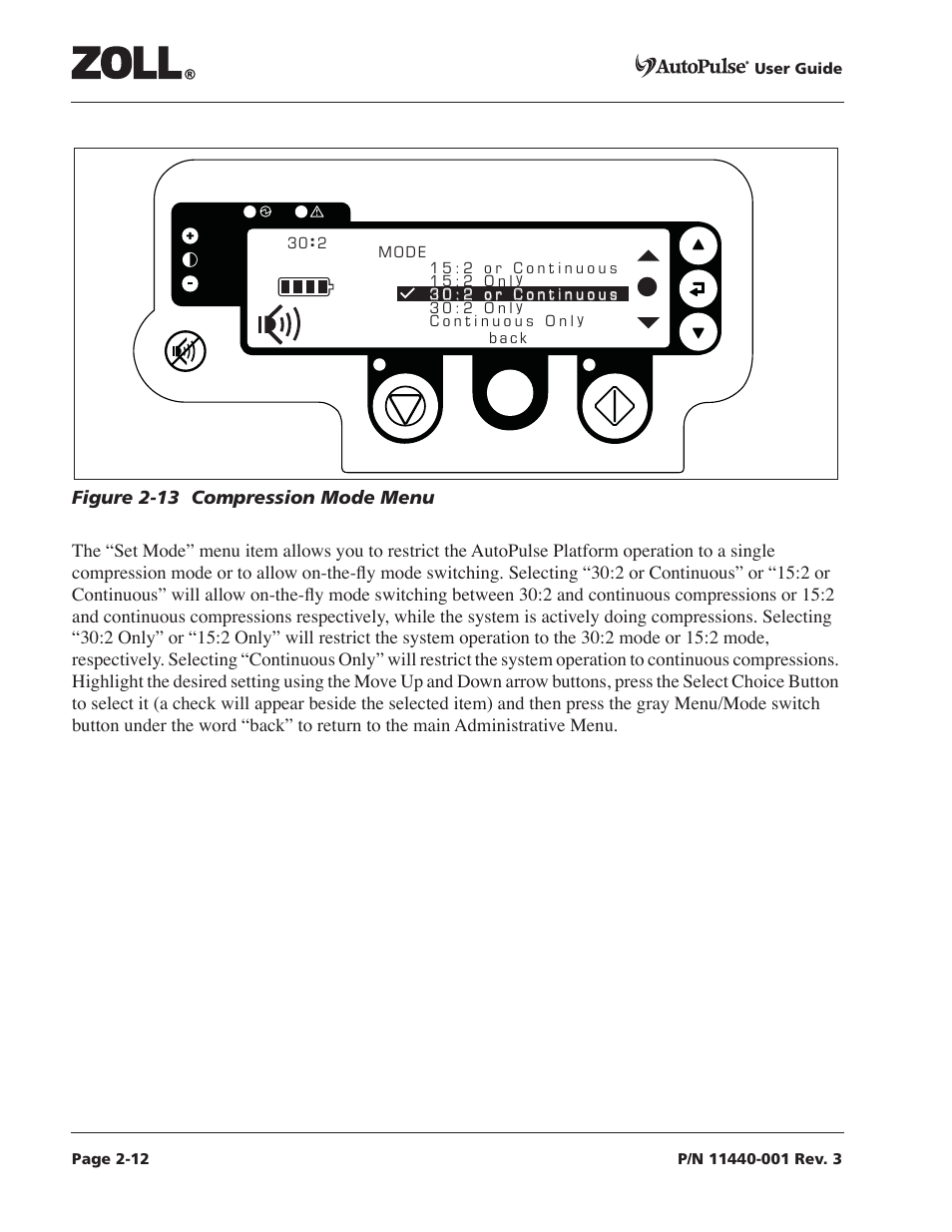 Figure 2-13 compression mode menu -12 | ZOLL AutoPulse Rev D Users Guide User Manual | Page 36 / 86