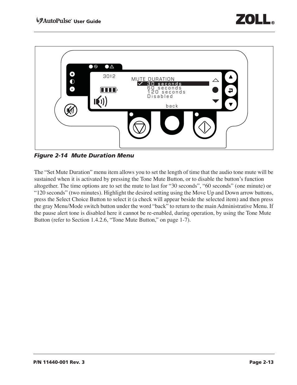 Figure 2-14 mute duration menu -13 | ZOLL AutoPulse Rev D Users Guide User Manual | Page 37 / 86