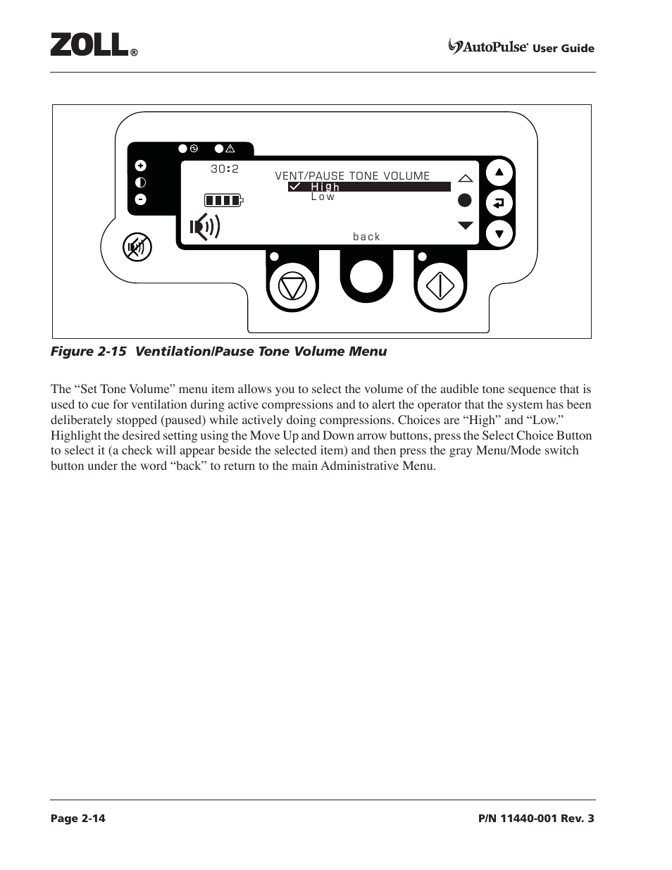 Figure 2-15 ventilation/pause tone volume menu -14 | ZOLL AutoPulse Rev D Users Guide User Manual | Page 38 / 86
