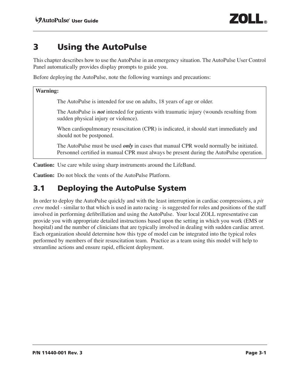 3 using the autopulse, 1 deploying the autopulse system, 3 using the autopulse -1 | 1 deploying the autopulse system -1, 3using the autopulse | ZOLL AutoPulse Rev D Users Guide User Manual | Page 39 / 86