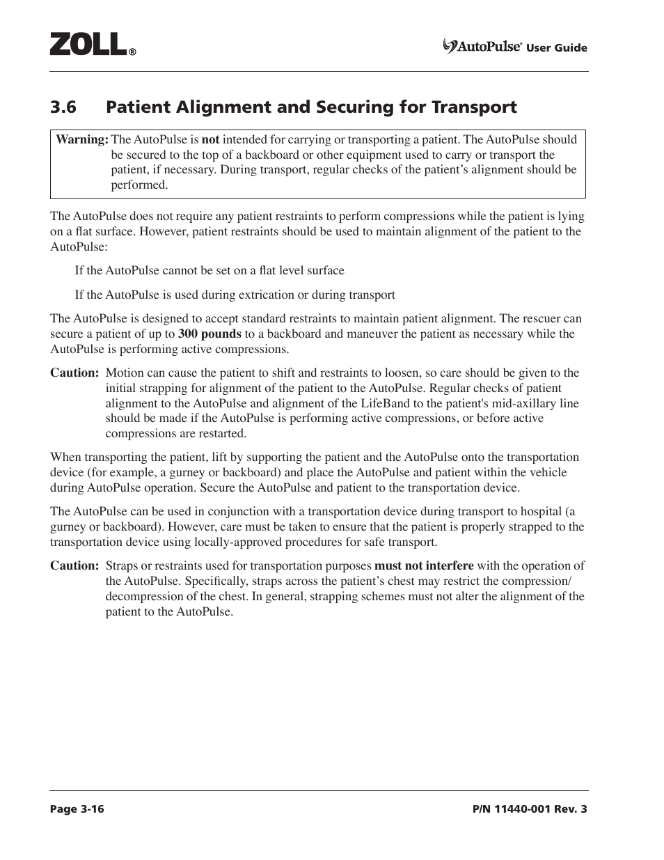 6 patient alignment and securing for transport, 6 patient alignment and securing for transport -16 | ZOLL AutoPulse Rev D Users Guide User Manual | Page 54 / 86