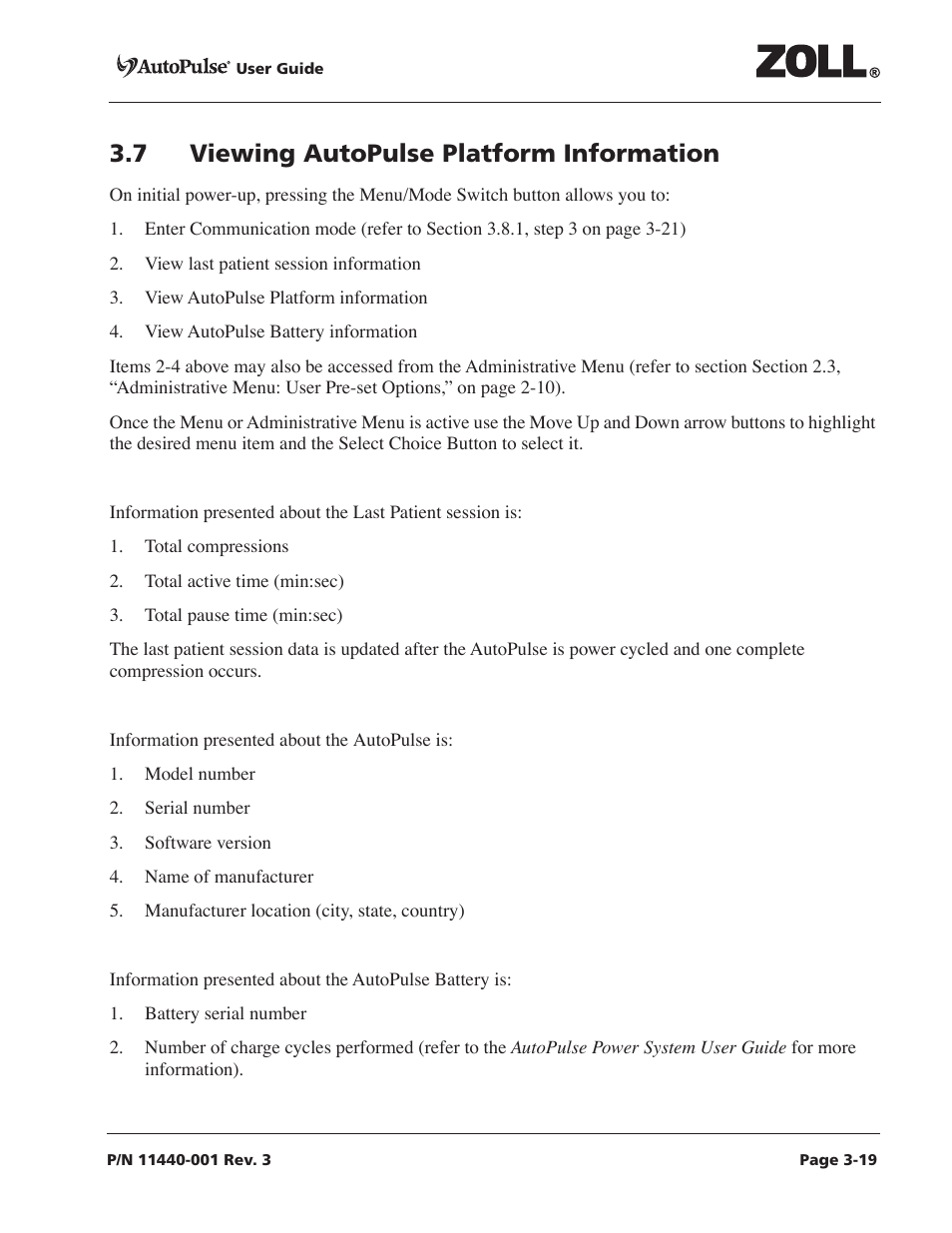 7 viewing autopulse platform information, 7 viewing autopulse platform information -19 | ZOLL AutoPulse Rev D Users Guide User Manual | Page 57 / 86