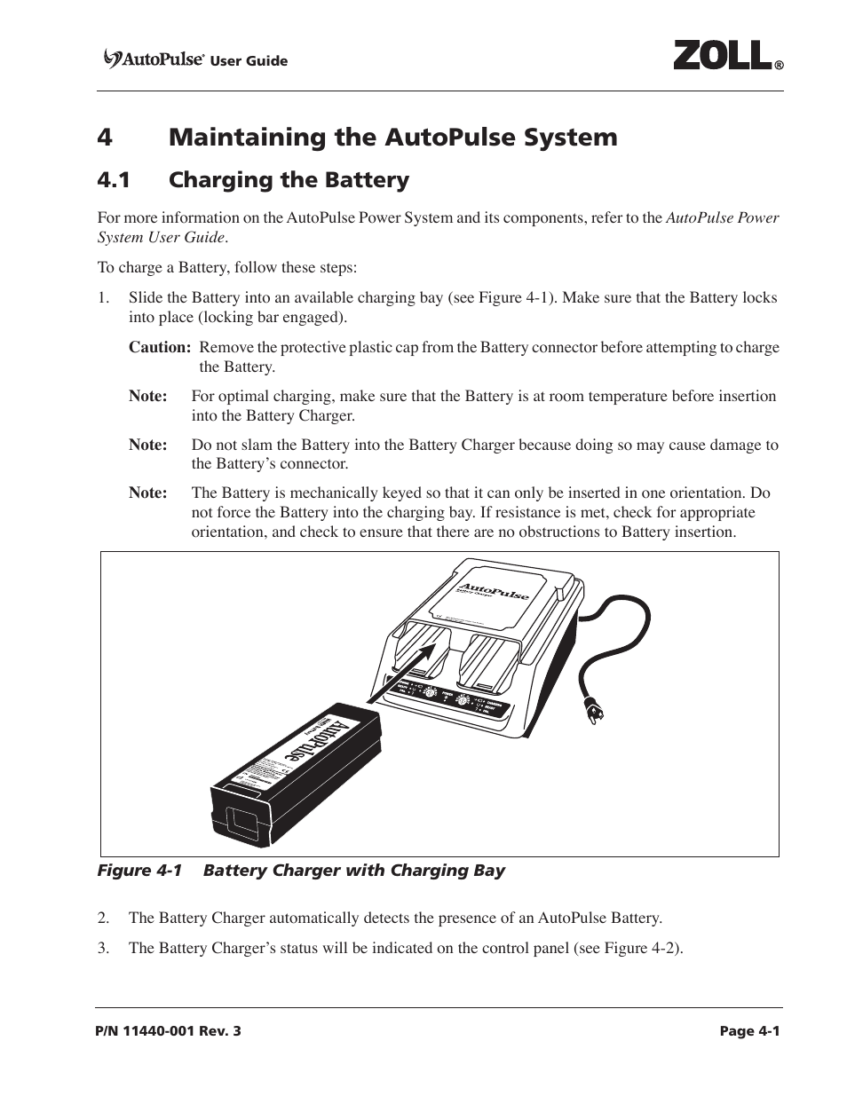 4 maintaining the autopulse system, 1 charging the battery, 4 maintaining the autopulse system -1 | 1 charging the battery -1, Figure 4-1 battery charger with charging bay -1, 4maintaining the autopulse system | ZOLL AutoPulse Rev D Users Guide User Manual | Page 63 / 86