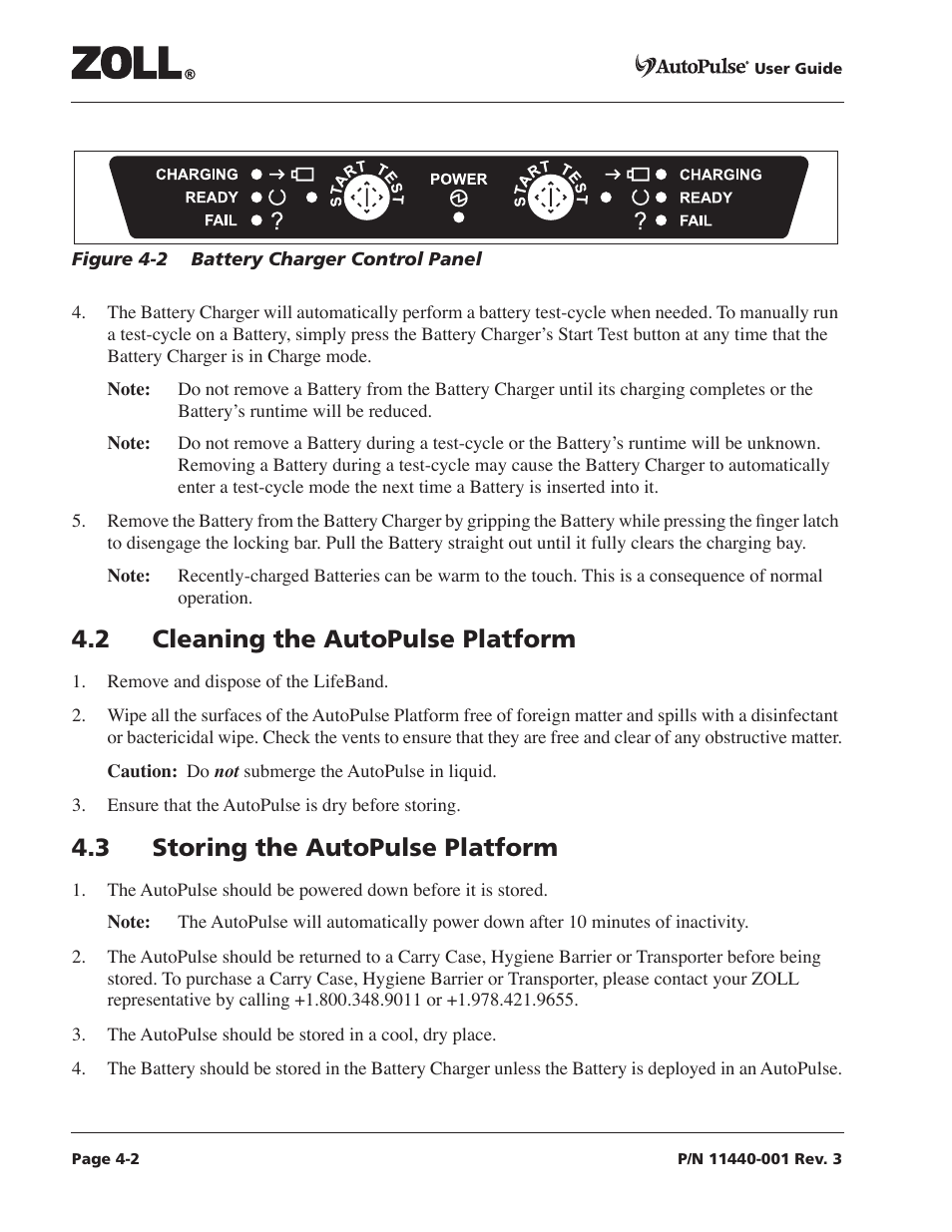 2 cleaning the autopulse platform, 3 storing the autopulse platform, Figure 4-2 battery charger control panel -2 | ZOLL AutoPulse Rev D Users Guide User Manual | Page 64 / 86