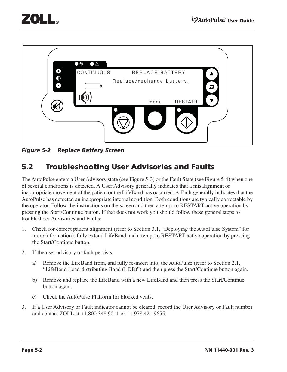 2 troubleshooting user advisories and faults, 2 troubleshooting user advisories and faults -2, Figure 5-2 replace battery screen -2 | ZOLL AutoPulse Rev D Users Guide User Manual | Page 68 / 86