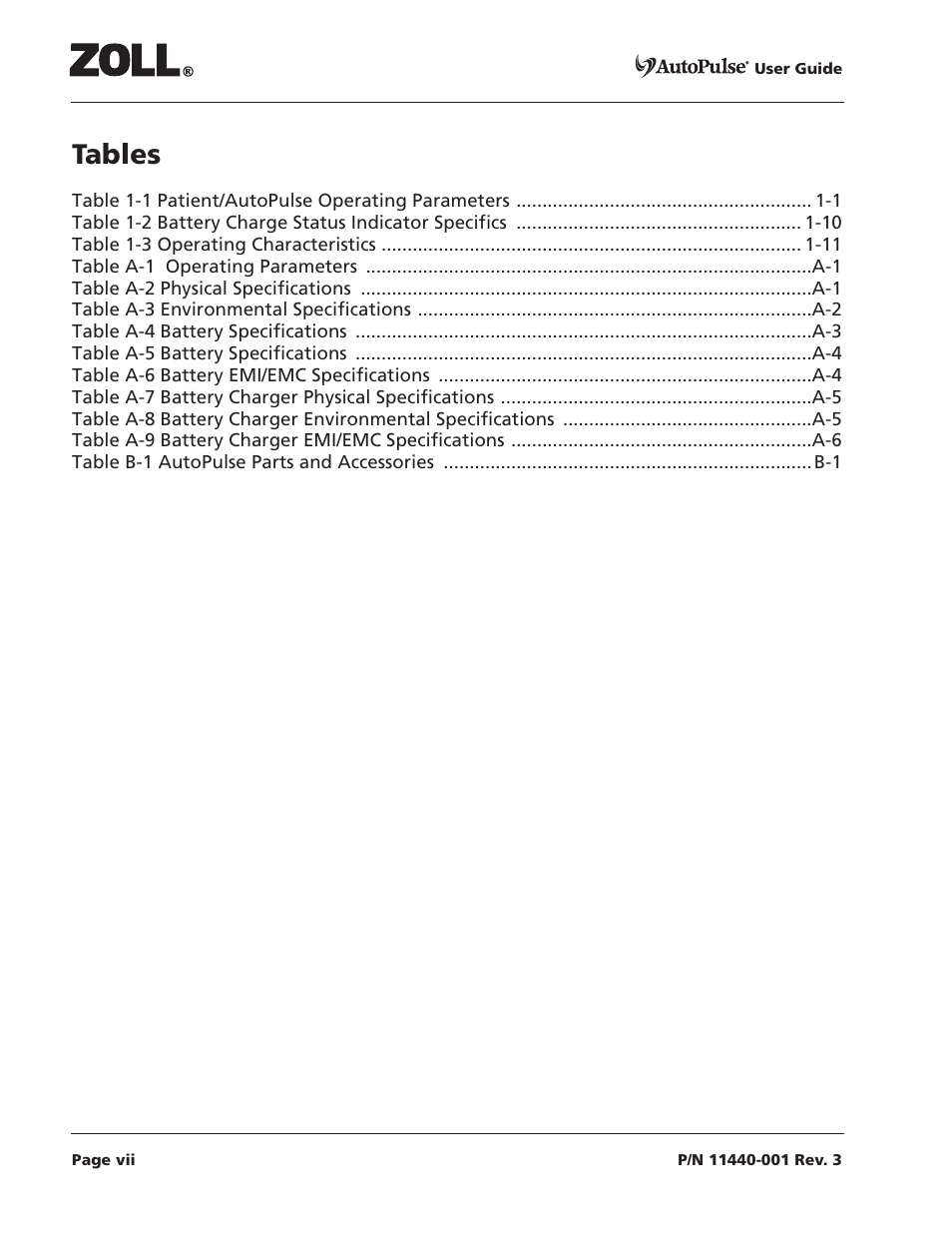 Tables 0 | ZOLL AutoPulse Rev D Users Guide User Manual | Page 7 / 86