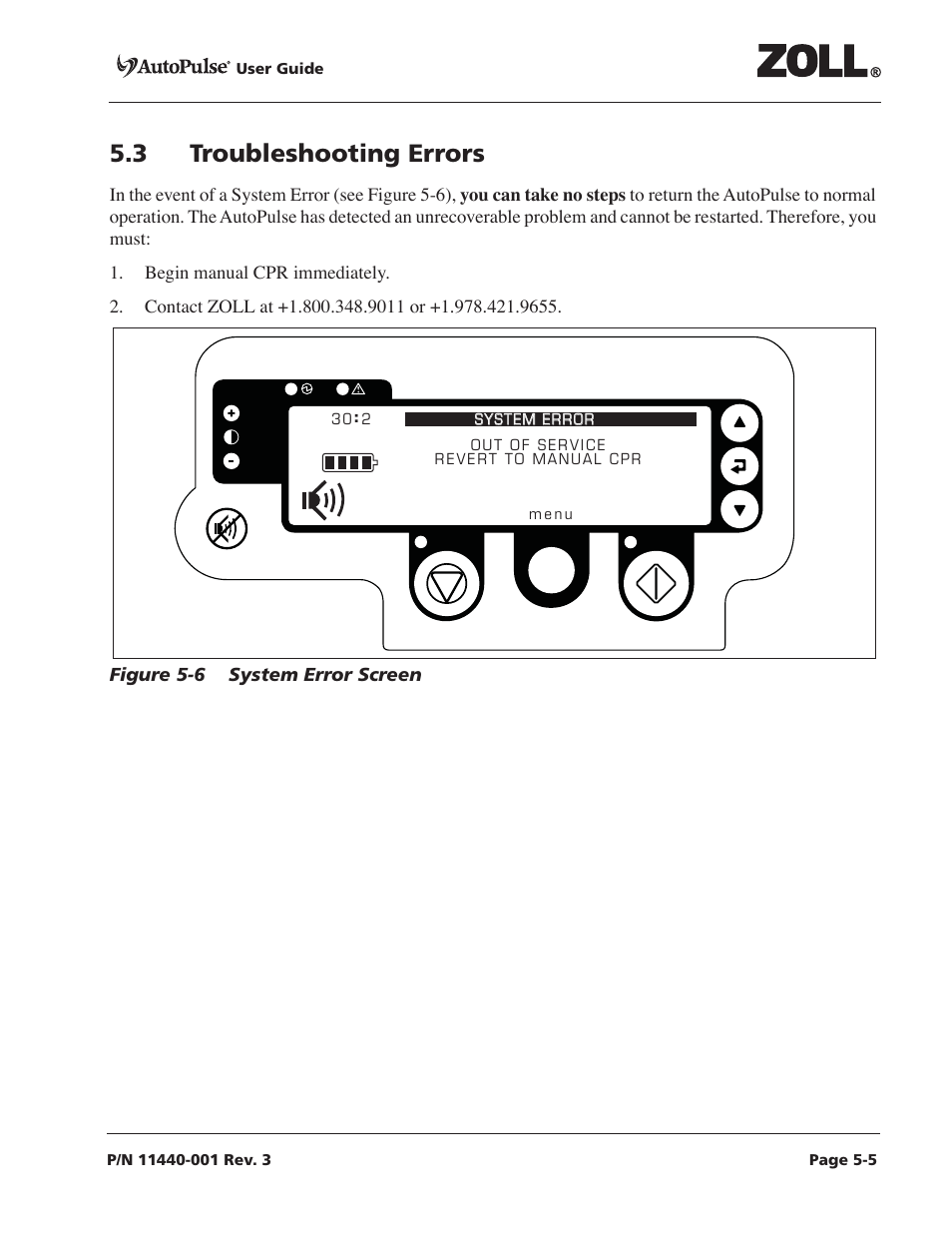 3 troubleshooting errors, 3 troubleshooting errors -5, Figure 5-6 system error screen -5 | ZOLL AutoPulse Rev D Users Guide User Manual | Page 71 / 86