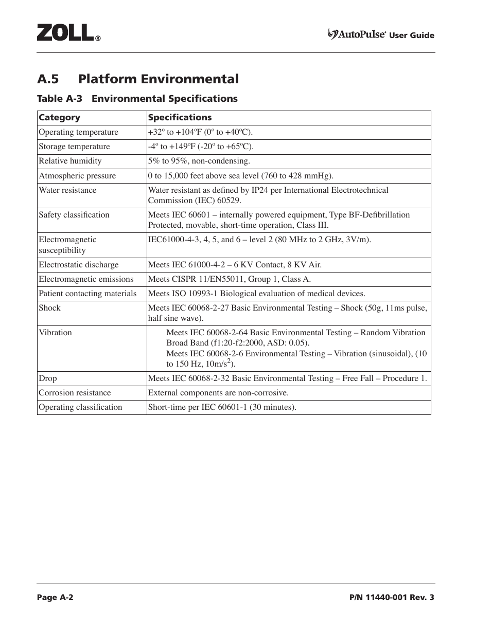 A.5 platform environmental | ZOLL AutoPulse Rev D Users Guide User Manual | Page 74 / 86