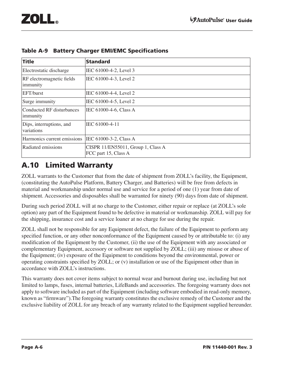 A.10 limited warranty | ZOLL AutoPulse Rev D Users Guide User Manual | Page 78 / 86
