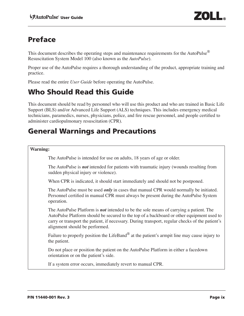 Preface, Who should read this guide 0, General warnings and precautions 0 | ZOLL AutoPulse Rev D Users Guide User Manual | Page 9 / 86