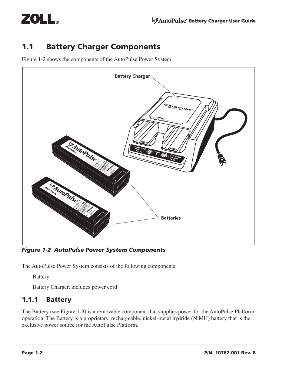 1 battery, 1 battery charger components -2, 1 battery -2 | Figure 1-2 autopulse power system components -2, 1 battery charger components | ZOLL AutoPulse Rev C User Manual | Page 12 / 36