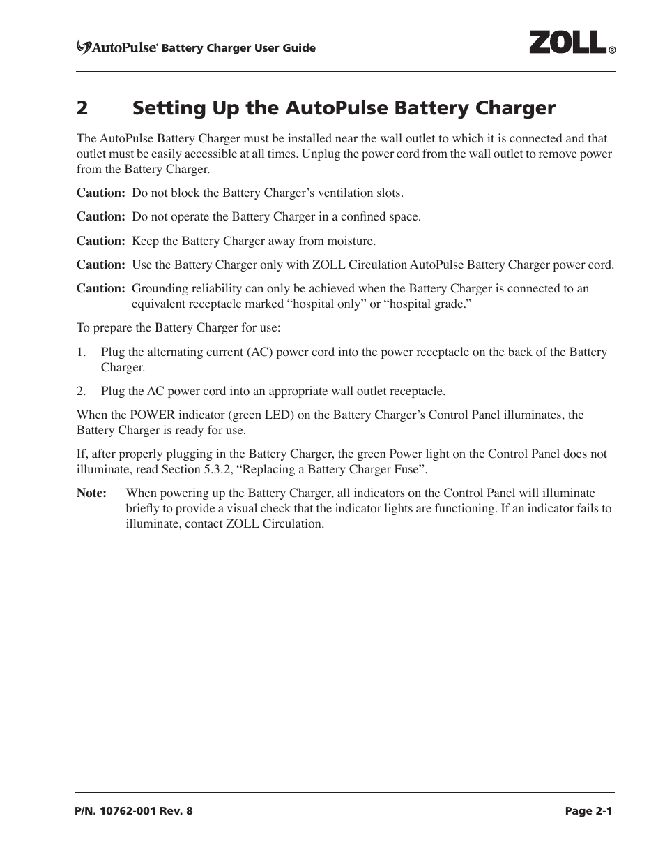 2 setting up the autopulse battery charger, 2 setting up the autopulse battery charger -1 | ZOLL AutoPulse Rev C User Manual | Page 15 / 36